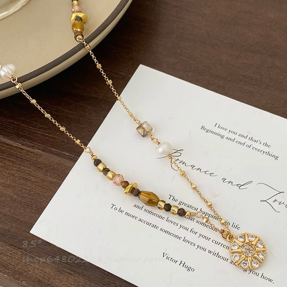 Gold and Amber Beaded Pendant Necklace
